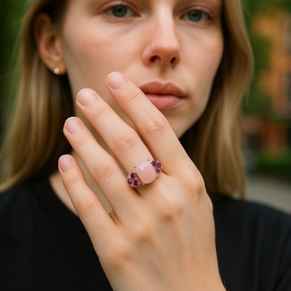 Pink Opal & Rhodolite Garnet Gold Over Silver Ring